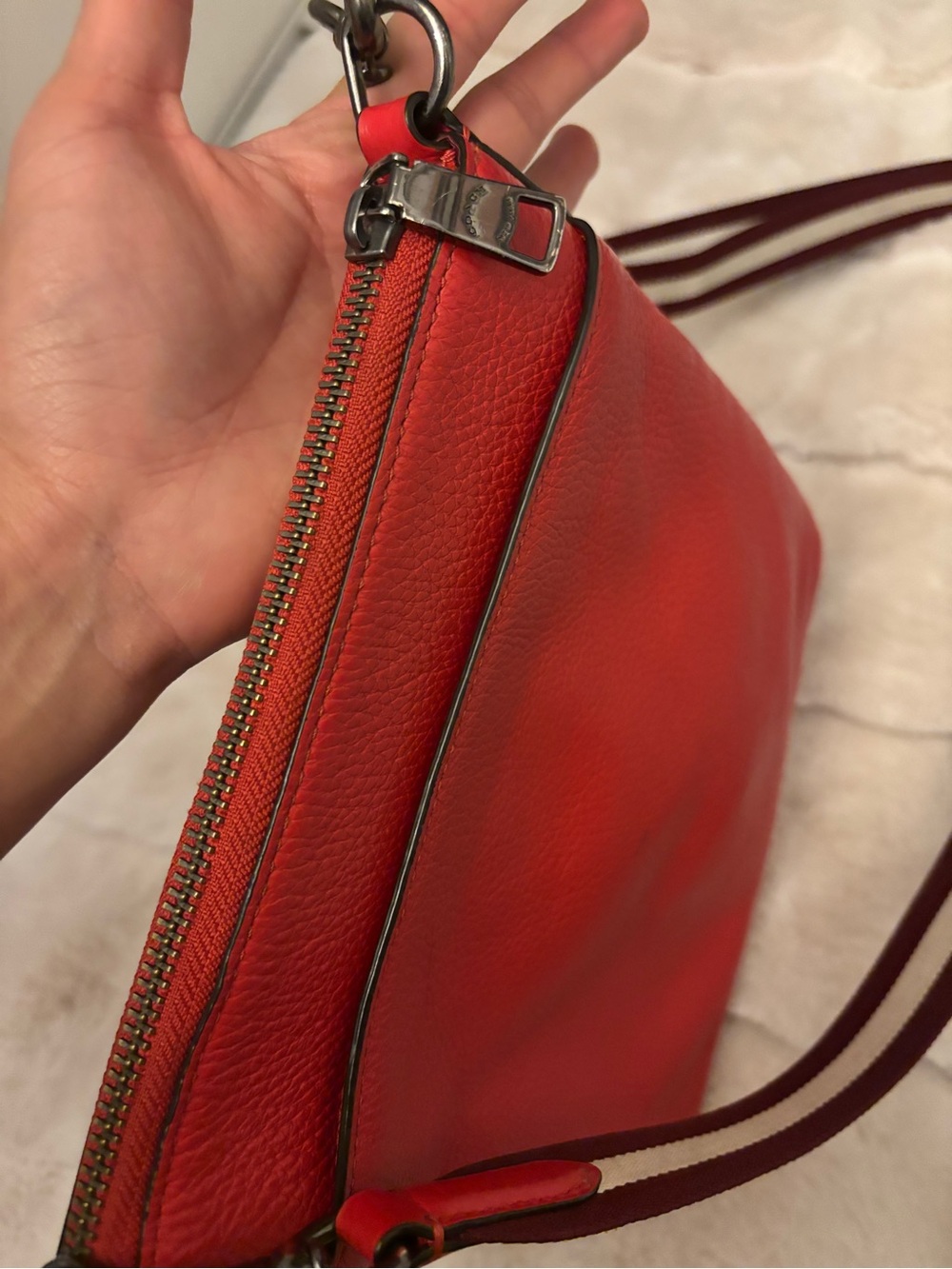 Coach Red Pebbled Leather Crossbody with Striped Strap - Picture 5 of 7